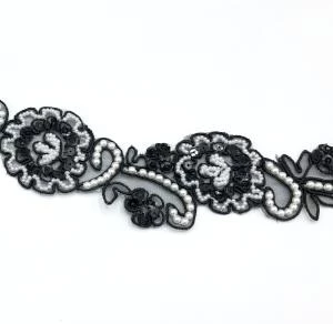 Theatre House 1 3/4” Fancy Beaded Flower Trim, Black. 1 Theatre House 1 3/4” Fancy Beaded Flower Trim, Black.